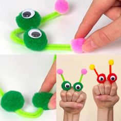 three pictures of the same hand holding up two fingers with googly eyes on them