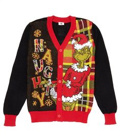 a sweater with an ugly grin on the front and santa clause on the back,