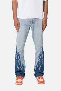 B556 Flame Flare Denim - Blue Medium Wash Ripped Flare Jeans In Rigid Denim, Ripped Flare Jeans In Medium Wash Denim, Distressed Blue Flare Jeans For Streetwear, Urban Flare Jeans With Frayed Hem, Urban Style Medium Wash Rigid Denim Flare Jeans, Fitted Distressed Flare Jeans In Rigid Denim, Urban Flare Jeans In Medium Wash Rigid Denim, Urban Denim Blue Flare Jeans In Rigid Denim, Streetwear Medium Wash Flare Denim Jeans