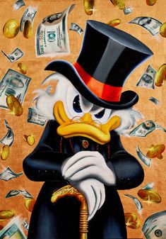 a painting of donald duck wearing a top hat and holding a cane in front of money