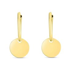 Weight (gm): 0.8 Metal: Yellow Gold Metal Purity: 14K Finish: High Polished Earring Type: Drop/Dangle Earring Backing: Hinged Height: 26mm Width: 16mm Thickness: 1.2mm Crafted in: Europe Size: one size.  Gender: unisex.  Age Group: adult. Gold Disc, Disc Earrings, Europe Fashion, Earring Type, Huggie Hoop Earrings, Gold Enamel, Gold Hoop Earrings, Earring Backs, Metal Color