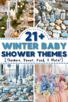 winter baby shower themes with blue and pink flowers