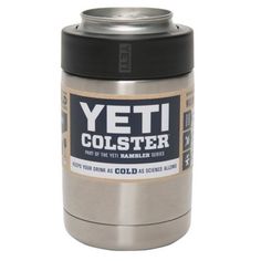 the yeti colster canister is made from stainless steel and has a black lid