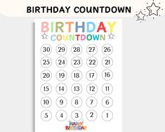 a printable birthday calendar with numbers and stars on the top, in rainbow colors