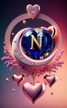 the letter n is surrounded by hearts and other things that are floating in the air