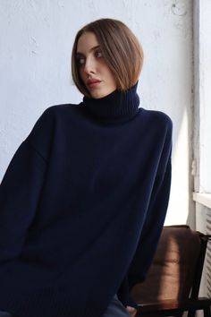 Women Wool Sweater With Side Slits Navy Blue Turtleneck - Etsy Ukraine Navy Blue Womens Outfits, High Neck Cashmere Sweater For Winter, Winter High Neck Cashmere Sweater, Blue Turtleneck Sweater Outfit, Dark Blue Turtleneck Outfit, Winter Cashmere Sweater With Funnel Neck, Cashmere Sweater With Funnel Neck For Winter, Winter Workwear Knitted Sweater, Winter Long Sleeve Merino Wool Turtleneck