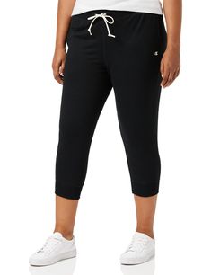 PRICES MAY VARY. QUALITY FABRIC - Champion women’s jogger capris are crafted from soft-brushed 7.4 oz. French terry. The comfortable lightweight material helps keep you cool even during your most active days. DRAWSTRING CLOSURE - These Champion women’s sweatpants are designed with a natural adjustable drawcord for the perfect fit. SIDE POCKETS - These women�’s jogger capris are designed with essential side pockets. A perfect place to store small essentials when you’re on-the-go. C LOGO - A Champi Sporty Cotton Capris, Sporty Cropped Leg Capris, Women Pants Size Chart, Sweatpants Women, Fall Pants, Plus Size Brands, C Logo, Cycling Women, Jogging Pants