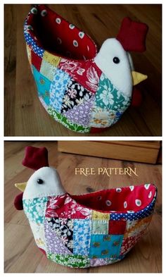 two pictures of a chicken made out of patchwork material, one is red and the other is white