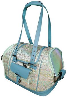 a blue and white bag with an iridescent design on the front, two zippers at the bottom