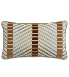 a rectangular pillow with brown and tan stripes on it, in front of a white background