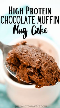 a spoon full of chocolate muffins with the words high protein chocolate muffin mug cake