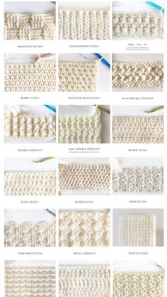 the crochet pattern is shown in many different colors and sizes, including white