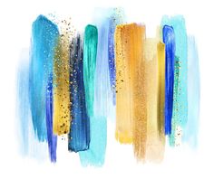 an abstract painting with blue, yellow and green colors on white background stock photo edit