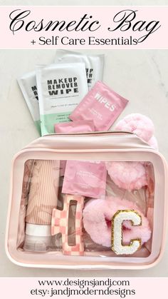 the contents of a cosmetic bag with text overlay that says cosmetic bag and self care essentials