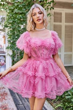 Elegant Short Sleeve Tulle Mini Dress, Short Sleeve Tulle Cocktail Dress, Short Sleeve Tulle Evening Dress For Party, Sheer Short Sleeve Mini Dress For Party, Sheer Dress For Summer Banquet, Pink Ruffled Mesh Party Dress, Pink Ruffled Mesh Dress For Party, Pink Fitted Mesh Dress For Wedding, Fitted Pink Mesh Dress For Wedding