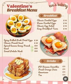 the menu for valentine's breakfast is shown with eggs, toast and other foods