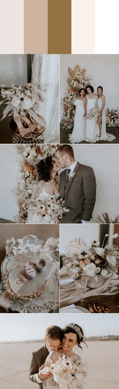 a bride and groom posing for pictures in front of a table with flowers on it