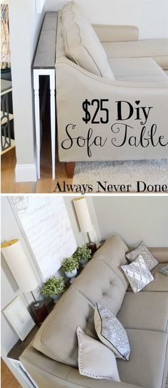 a couch with pillows on it and the words $ 25 diy sofa table