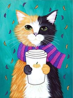 a painting of a cat holding a coffee cup and wearing a knitted sweater with pumpkins on it