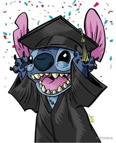 a cartoon character wearing a graduation cap and gown with confetti around his neck