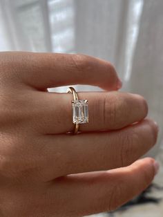 Engagement Rings Horizontal Emerald, Emerald Engagement Ring Sideways, East To West Engagement Rings, Horizontal Radiant Cut Engagement Ring, East West Baguette Engagement Ring, Simple Engagement Rings Emerald Cut, Emerald East To West Engagement Ring, Vertical Engagement Ring, Classic Ring Stack