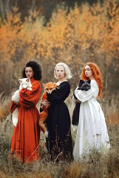 three women standing in a field with cats and one is holding a cat on her shoulder