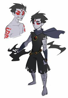 two cartoon characters, one with red eyes and the other with black hair wearing armor