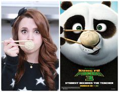 a woman holding chopsticks to her mouth while looking at the panda movie poster