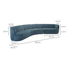 a blue sectional sofa with measurements for the back and side ends, including the seat height