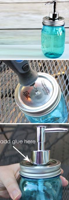 two pictures showing how to make a mason jar soap dispenser with lid