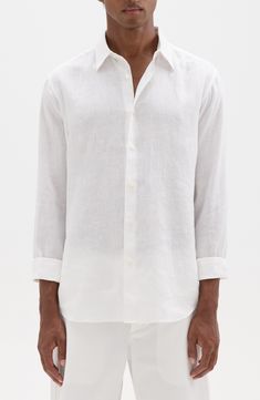 Lightweight and airy, this shirt cut from slightly rumpled linen makes a great choice for looking smart and staying comfortable on warm days. 30" length; 43" chest (size Medium) Spread collar Long sleeves 100% linen Dry clean or machine wash, tumble dry Imported Cut Shirts, After Dark, Sleeves Pattern, Chest Size, Designer Outfits Woman, White Linen, Linen Shirt, Types Of Collars, Types Of Shirts