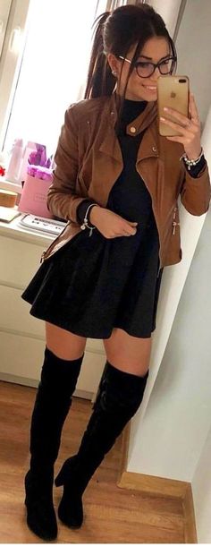 Hunter Green Outfits For Women, Black Long Sleeve Mini Dress, Black Skater Dress, Cozy Winter Outfits, Black Women Fashion, Brown Jacket, Looks Chic, Inspired Outfits, Casual Winter Outfits