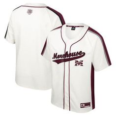 If vintage Morehouse Maroon Tigers style is what you seek, this Colosseum Ruth button-up baseball jersey is the perfect way to convey your loyalty. It features a throwback look thanks to its off-white color and tackle twill graphics. On top of that, the sewn-on shoulder stripes and raglan sleeves add flair to the classic Morehouse Maroon Tigers design. Embroidered fabric applique Officially licensed Sewn-on stripes Machine wash, tumble dry low Material: 100% Polyester Woven jock tag Full-button Collegiate Cotton Baseball Jersey With Short Sleeves, Collegiate Cotton Jersey For Baseball Season, Varsity Style Baseball Jersey With Short Sleeves, Throwback Short Sleeve Baseball Jersey For Game Day, Throwback Cotton Baseball Jersey For Game Day, College Baseball Season Short Sleeve Jersey, Streetwear Tops With Team Logo And Baseball Collar, Baseball Jersey With Team Logo For Streetwear, Collegiate Short Sleeve Jersey For College