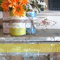 an old dresser has flowers in jars on it and the words spring untidy written below