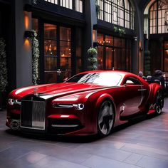 a red car parked in front of a building