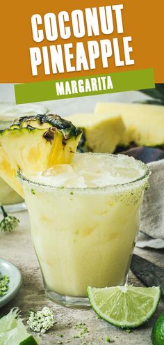 Coconut pineapple margarita with a sugared rim and pineapple wedge. Pineapple Margarita Recipe, Pineapple Coconut, Margarita Recipe, Cocktail Drinks Recipes