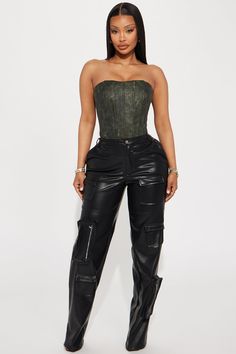 Available In Black Wash. Faux Leather Corset Top Strapless Boning Detail V Hem Back Zipper Closure Non Stretch Disclaimer: Due To The Wash Process Each Garment Is Unique. Shell: 55% Viscose 45% PU Lining: 95% Polyester 5% Spandex Imported | High Life Washed Faux Leather Corset Top in Black Wash size 3X by Fashion Nova Black Camo Pants, Nicki Concert, Diy Corset, Leather Corset Top, African Lace Styles, Concert Fashion, Corset Fashion, Fashion Nova Outfits, Cargo Pants Outfit