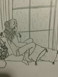 a drawing of a woman sitting on a couch in front of a window looking out the window