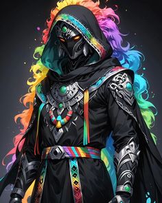 a person in a black outfit with colorful hair