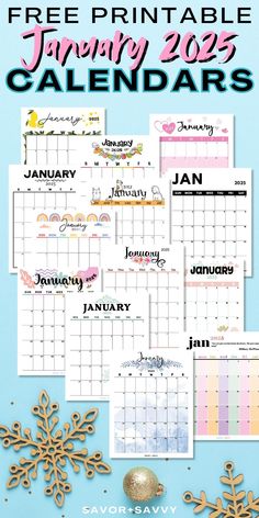 free printable calendars for january and december with snowflakes on blue background