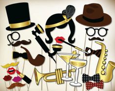 a group of different types of party photo booth props with mustaches, hats and glasses