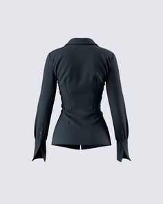 Let it be known that you mean business when you wear this black fitted shirt 🖤 With a button up placket, a slim fit, and an oversized sleeve cuff - this crepe fabric top will instantly get you that promotion you deserve 😜 Black Fitted Sleek Shirt, Black Long Sleeve Tops With Hidden Button Closure, Black Fitted Shirt, Black Long Sleeve Shirt With Back Button Closure, Black Luxury Button-up Top, Black Fitted T-shirt With Button Closure, Black Off Shoulder, Fitted Shirt, Graphic Top