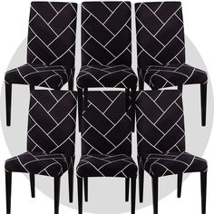 six chairs with black and white patterned upholstered back