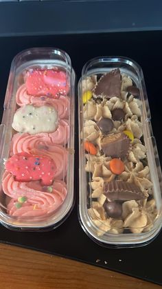 two plastic containers filled with different types of desserts