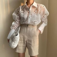 Hollow Out Floral Embroidery See Through Long Sleeve Lace White Blouse | Uniqistic.com Loose White Blouse, Floral Embroidered Shirt, White Blouse Top, Women White Blouse, Porto Rico, White Lace Blouse, White Long Sleeve Blouse, Elegant Blouses, Shirt Embroidery