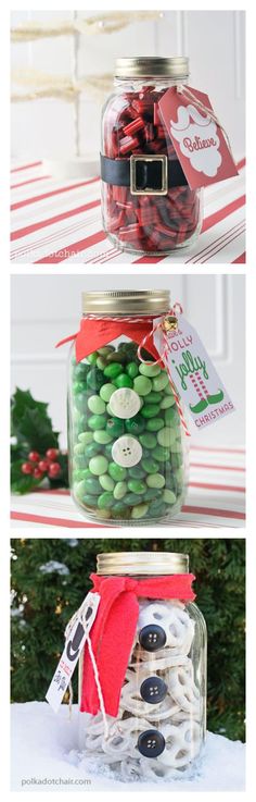 three jars filled with different types of candies and candy canes in the snow