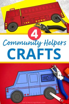 the four community helpers crafts are shown with scissors and construction paper on top of them