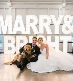 Marquee letter lights stacked spelling out 'marry &' on top of 'bright'. Letters are 3ft tall and stacked make a 6ft back drop for the wedding reception dance floor. A bride and groom sit on the floor with their golden retriever puppy smiling at the camera. Bright Wedding, Marquee Wedding, Custom Lighting