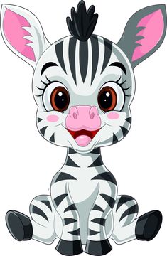 a cartoon zebra sitting down with big brown eyes and black stripes on it's face