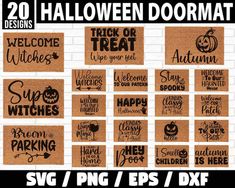 halloween doormats with words and pumpkins on them in different styles, sizes and colors